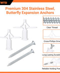 Heavy Duty Drywall Anchor Kit With 40 Piece M8x53 Stainless Steel Screws And Hollow Wall Anchors For Plasterboard Self Drilling Molly Bolts Expansion Anchors 304 Stainless Steel Ideal For Mounting Shelves TVs And Fixtures showing stainless steel screws with butterfly expansion anchors.