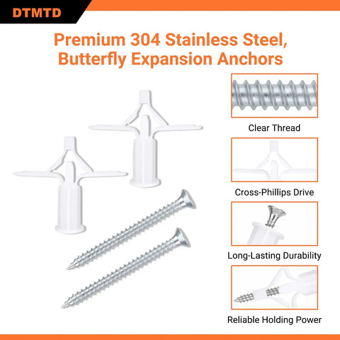 Heavy Duty Drywall Anchor Kit With 40 Piece M8x53 Stainless Steel Screws And Hollow Wall Anchors For Plasterboard Self Drilling Molly Bolts Expansion Anchors 304 Stainless Steel Ideal For Mounting Shelves TVs And Fixtures showing stainless steel screws with butterfly expansion anchors.