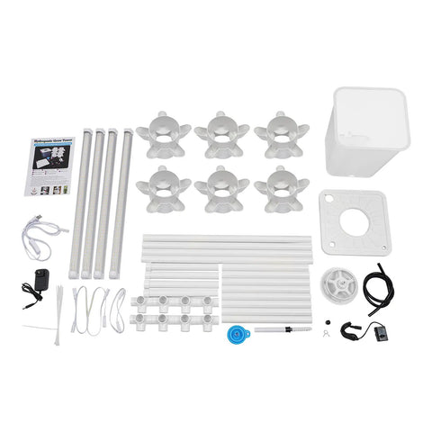 Vertical Hydroponic Grow Tower Kit With Four Led Lamps Six Levels And Thirty Planting Points components laid out