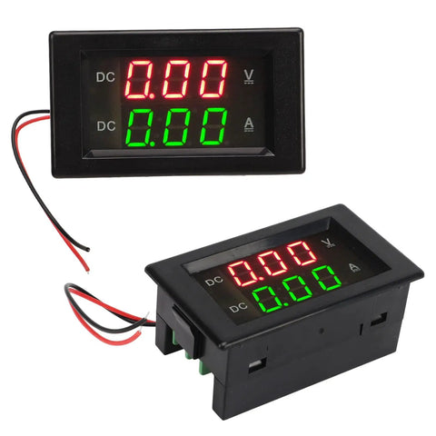 Killer Heavy Duty Dual Digital Display DC Voltmeter And Ammeter Combo Reading 0 To 300V Up To 50A IP67 Weatherproof Power Monitor with green and red displays.