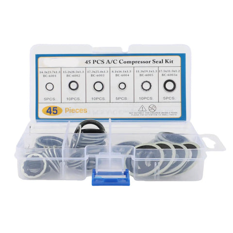 45 Piece Pro Grade AC Compressor Gasket Kit With Six Sizes Automotive Air Conditioning Port Seal Washer Set Including Thickened Metal Rings And Rubber Gaskets For Car AC Compressor Bumper Door Repair in clear labeled box.