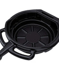 Heavy Duty 15L Oil Drain Pan With Anti Splash Spout For Car And Motorcycle Oil Changes Super Tough Plastic Resists Heat And Cracks, view from above.