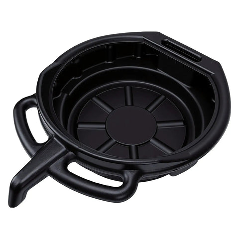Heavy Duty 15L Oil Drain Pan With Anti Splash Spout For Car And Motorcycle Oil Changes Super Tough Plastic Resists Heat And Cracks, view from above.