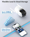 Solar Powered Outdoor Security Camera Wire-Free No Fuss 2K 360 Degree PTZ showcasing SD and cloud storage options with app.