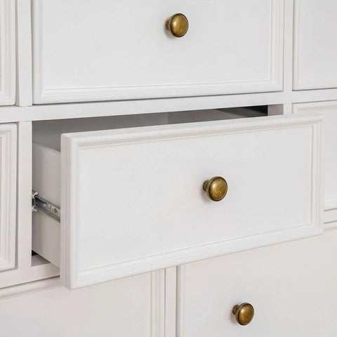Vintage Round Cabinet Knobs Antique Brass Finish 1.25 Inch Single Hole Drawer Pulls Solid Zinc Alloy on white cabinets