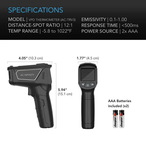 Leaf VPD And Temperature Meter, Handheld Environmental Monitor For Home Grow Setups with dimensions and specs displayed
