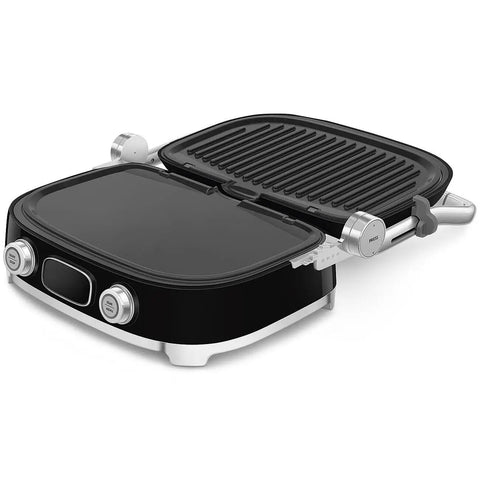 SMEG MGF01 Retro Countertop Electric Grill and Panini Press With Swappable Plates For Waffles, Burgers, And Steak, open view in black finish
