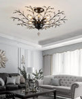 Vintage Six Light Branch Flush Mount Ceiling Light In Black With Crystal Bling Accents For Living Room Bedroom Dining Room Farmhouse Style Chandelier Fixture For Kitchen Office And Restaurants.