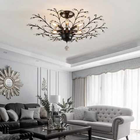 Vintage Six Light Branch Flush Mount Ceiling Light In Black With Crystal Bling Accents For Living Room Bedroom Dining Room Farmhouse Style Chandelier Fixture For Kitchen Office And Restaurants.