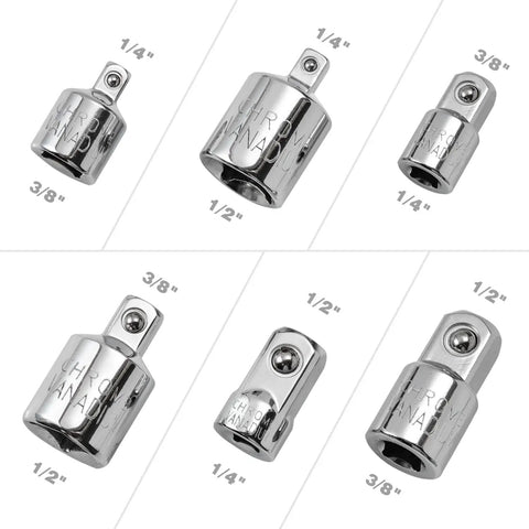 Six Piece Socket Adapter And Reducer Set For 1/4 3/8 1/2 Inch Ratchet Sockets Chrome Vanadium Steel arranged in a row