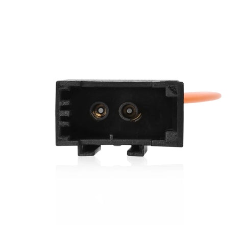 Front view of black plastic fiber optic bypass loop adapter with two circular ports and orange cable
