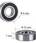 Image showing dimensions of 20 Pack 608 2RS Ball Bearings 8x22x7mm Double Rubber Sealed Pre Lubricated C3 for precise fitting.