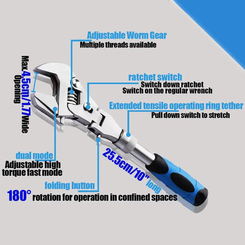 Adjustable Wrench With Flexible Head, 10 To 12.4 Inch Retractable Ratchet Crescent Tool, details and features, blue handle