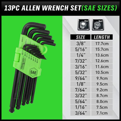27 Piece Long Arm Allen Wrench Set With Ball End Hex Keys, Beefy T Handle Design, Inch And Metric, Hardened Chrome Vanadium Steel