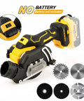 Badass 3 Inch Cordless Circular Saw Compatible With 20 Volt Batteries For Rock Solid Woodworking, showing grip and included blades.