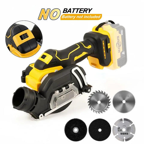 Badass 3 Inch Cordless Circular Saw Compatible With 20 Volt Batteries For Rock Solid Woodworking, showing grip and included blades.