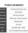 Solenoid Direct Acting Normally Open Water Valve For Pneumatic Systems In Four Sizes One Quarter Inch One Eighth Inch One Half Inch And Three Quarter Inch For Water Oil And Air With AC 220V Or DC 24V Operation Color SK50050, stainless steel parameters chart