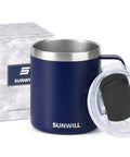 Insulated 14oz Travel Tumbler With Lid And Handle No Sweat Double Wall Stainless Steel Cup For Hot Or Iced Coffee Tea Or Water Powder Coated Navy Blue Ideal For Camping Office Or Home
