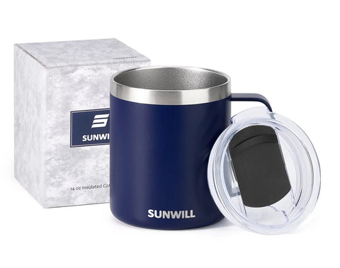 Insulated 14oz Travel Tumbler With Lid And Handle No Sweat Double Wall Stainless Steel Cup For Hot Or Iced Coffee Tea Or Water Powder Coated Navy Blue Ideal For Camping Office Or Home