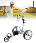 No Sweat Foldable Remote Control Golf Trolley With Heavy Duty Dual Motor And All Day Lithium Battery Simple Stow Stainless Steel Push Cart, showing stainless steel frame and large wheels.
