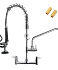Heavy Duty Commercial Wall Mount Sink Faucet With Pull Down Sprayer Built Like A Tank 360 Degree Swivel 8 Inch Adjustable Center for utility sinks.