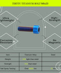 Ultra Lightweight M6x20 Grade 6 Titanium Hex Socket Cap Screws For Road And Gravel Bikes Burnt Blue Finish Ti6Al4V in detail.