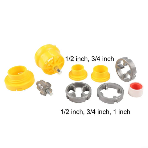 Workhorse Alloy Steel Pipe Threader For Internal Or External Cuts Fits Pvc Ppr Mpp Pipes Electric Drill Compatible kit with yellow and gray components.