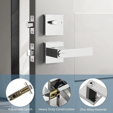 Two Pack Keyed Entry Lever and Deadbolt Lockset With Polished Chrome Finish, zinc alloy exterior door lever, adjustable latch shown