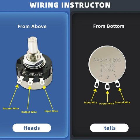 RV24YN20S Carbon Film Rotary Taper Potentiometer 100K 4 Pack front and bottom view with wiring instructions