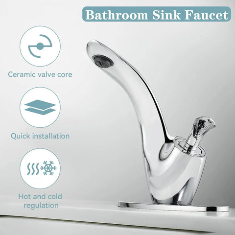 Leaf Type Chrome Bathroom Faucet With Modern Single Handle, Sleek Vanity Sink Tap Includes Pop Up Drain, Deck Plate And Two Supply Lines For A Contemporary, Water Saving Look