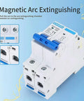 32 Amp DC Circuit Breaker Two Pole 500V Solar PV Disconnect Switch With Thermal Magnetic Trip DIN Rail Mount Isolator C32 Arc Quenching System Keeps Your Power Rig Safe From Overloads And Short Circuits., two-pole white DIN rail DC breaker with blue handle