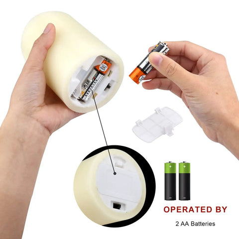 Person inserting AA batteries into Nine Piece Flameless Candle Set With Real Wax Pillars In 3, 3, 4, 4, 5, 5, 6, 7, And 8 Inches, Battery Operated LED With Remote Timer, Safe No Flame For Cozy Home Vibes And Easy Decor