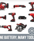 Top Shelf 20 Volt Compact Reciprocating Saw Kit With 2.0 Ah Pwrcore Lithium Battery And Rapid Charger Boss Level Cuts Through Metal PVC Masonry At 3000 Spm Cordless Demolition Power Tool shown with multiple SKIL tools on a gray background.