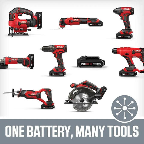 Top Shelf 20 Volt Compact Reciprocating Saw Kit With 2.0 Ah Pwrcore Lithium Battery And Rapid Charger Boss Level Cuts Through Metal PVC Masonry At 3000 Spm Cordless Demolition Power Tool shown with multiple SKIL tools on a gray background.
