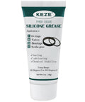 KEZE silicone grease tube, 1 oz, food-grade, front view with O-rings and valve illustration