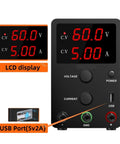 Front view of Beefy Lab Grade Adjustable Power Supply Regulator AC To DC LCD display and USB port for voltage and current control.