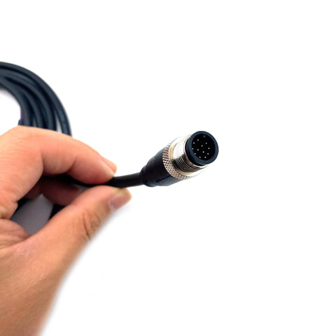 Hand holding M12 12 Pin Male Connector Cable A Code Straight Molding Wire 2M AWG26 PVC Jacket Industrial Sensor Cable