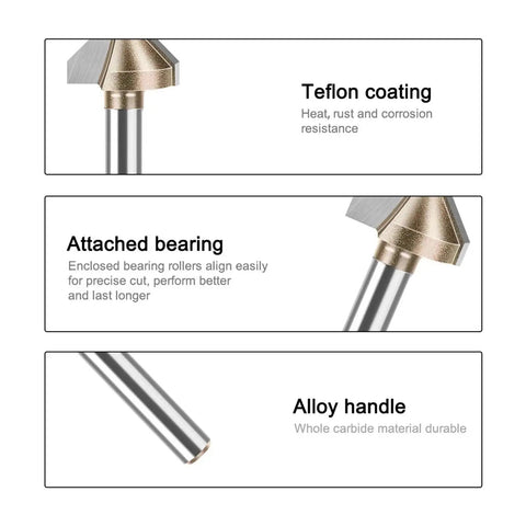 R8 Arc Bending Router Bit Set In 6/8/12mm And 14 Or Half Inch Shank size showing Teflon coating, attached bearing, and alloy handle features.