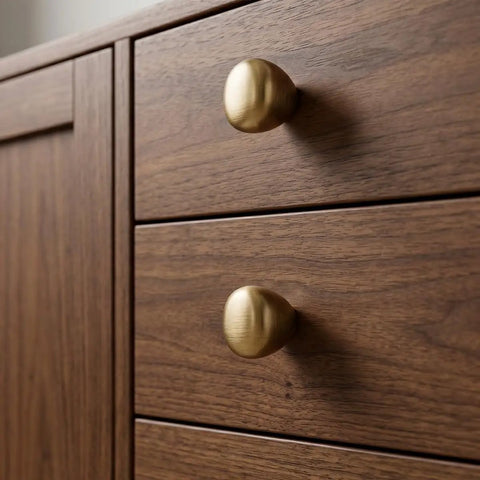 Six Pack Slick French Antique Brass Teardrop Drawer Knobs on wooden dresser, zinc alloy, 27x29mm, mid-century modern design.