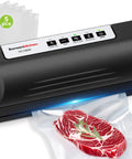Powerful Vacuum Sealer For Food With Automatic Mode, black silver design, sealing a steak with included vacuum bags