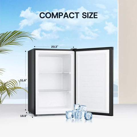 No Fuss And Slick Effortless Setup 30 Cubic Foot Upright Freezer featuring a reversible door, compact size in matte black.