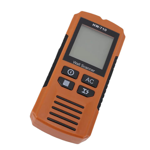 ViaGasaFamido Wall Scanner Stud Finder, 5-in-1 with LCD Display for Metal, orange handheld device with buttons.