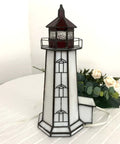 Peggy's Cove Lighthouse Tiffany Style Stained Glass Accent Table Lamp Night Light for Home Decor 6 By 6 By 12 Inches Red With LED Bulbs Included Warm White Glow