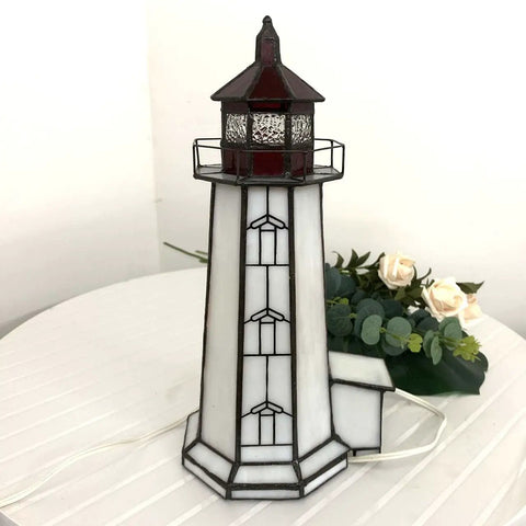 Peggy's Cove Lighthouse Tiffany Style Stained Glass Accent Table Lamp Night Light for Home Decor 6 By 6 By 12 Inches Red With LED Bulbs Included Warm White Glow