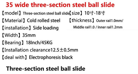 Heavy Duty 35mm Three-Section Drawer Slides With Soft Close And Ball Bearing specifications sheet