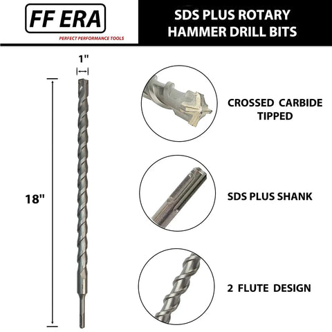 18-inch SDS Plus rotary hammer drill bit with crossed carbide tip, SDS Plus shank, and 2 flute design for masonry drilling.