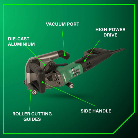 Heavy Duty 5 Inch Wall Chaser For Concrete And Masonry With 15 Amp Electric Cutter And Beast Power Drive System shown with labeled parts