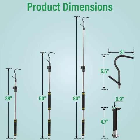 Cargo Grabber Reach Tool For Truck Bed Adjustable From 39 To 80 Inches Stainless Steel Retriever Pole With Rubber Grip Handle And Two Replacement Hooks, Rustproof Durable Extension