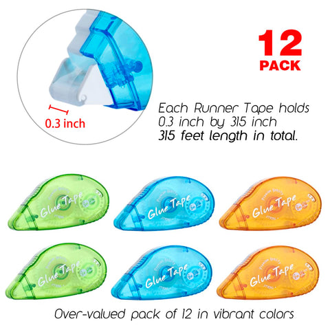 12 Pack Double Sided Tape Roller For Scrapbooking And Crafts, Permanent Adhesive Dispenser in vibrant colors