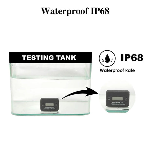 Vibration Induction Digital Hour Meter Self Powered Gauge IP68 Waterproof for Air Compressors Mini Tractors Snow Blowers No Wiring Instant Start Cumulative Run Time 0 to 99999 Hours High Precision 0.1 Hour Accuracy Black in waterproof test tank
